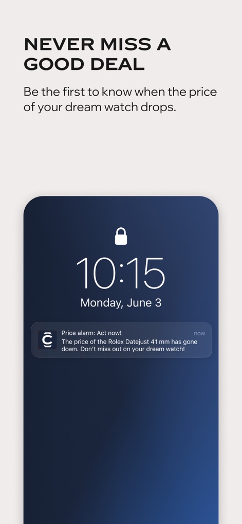 Chrono24 | Luxury Watch Market - Gli utenti ricevono notifiche push in tempo reale, come l'"allarme prezzo Rolex Datejust 41 mm" visibile sullo schermo di blocco, che li informa quando i prezzi degli orologi desiderati diminuiscono, assicurando di non perdere mai un'offerta vantaggiosa.