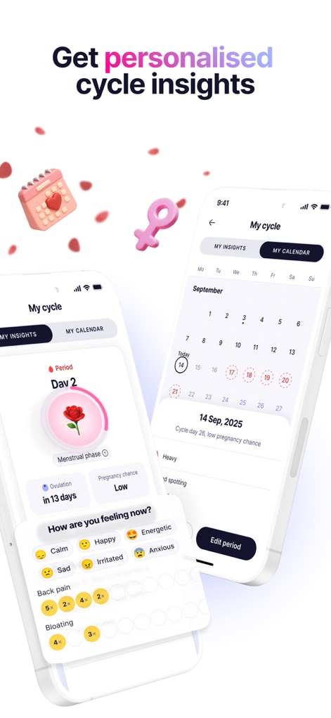 Elfie - Health & Rewards - La aplicación ofrece seguimiento personalizado del ciclo, con un "calendario interactivo" que marca los días clave y un "registro de emociones" y síntomas.