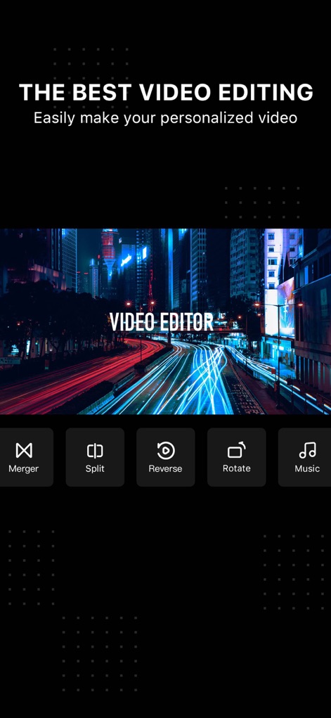 Video Editor . - Explore the app's intuitive initial interface, showcasing essential functions like 'Split' and 'Rotate' for quick video adjustments.