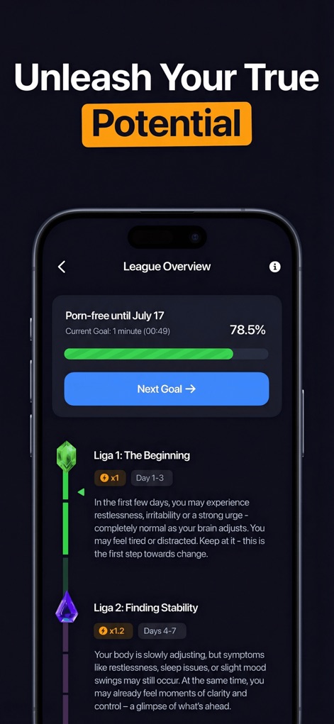 CURE: Quit Porn Addiction - Nutzer können ihren Weg durch verschiedene Ligen mit motivierenden Texten und Fortschrittsbalken verfolgen, wobei jede Liga visuell durch ein einzigartiges Edelstein-Symbol repräsentiert wird.