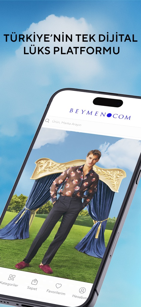 Beymen - La pantalla de inicio resalta el lema 'Türkiye'nin tek dijital lüks platformu' y ofrece una clara barra de búsqueda para facilitar la exploración de productos exclusivos.