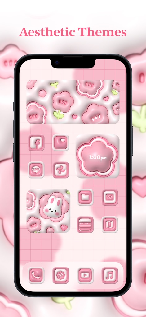 Photo Widget - Themes & Icons - Discover how the app enables complete aesthetic theme sets, showcasing cute 3D app icons and matching patterned backgrounds.