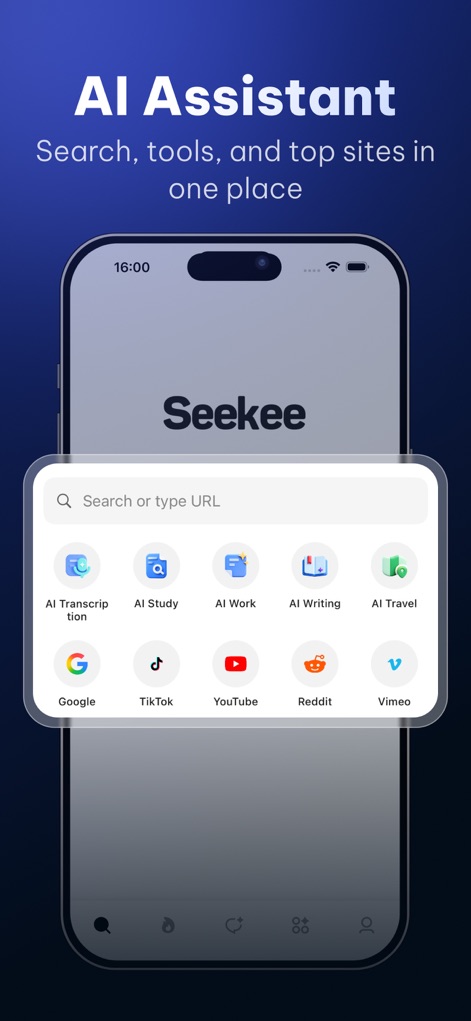 Seekee AI Browser & Search - This app streamlines productivity by combining a powerful search bar with quick access to specialized AI tools like AI Study and AI Writing.