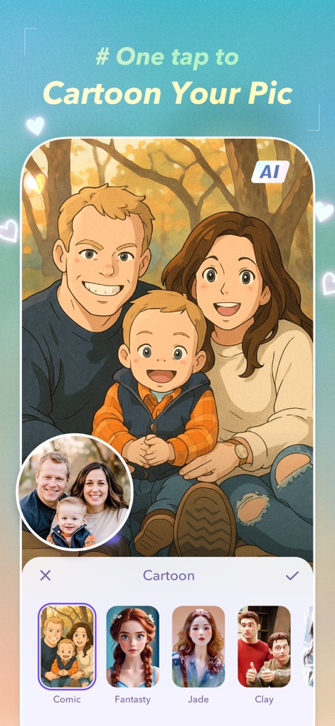 Picsify: AI Photo&Video Editor - This tool allows for instant cartoonization of photos, offering diverse art styles such as "Comic" and "Fantasy" for creative expression.