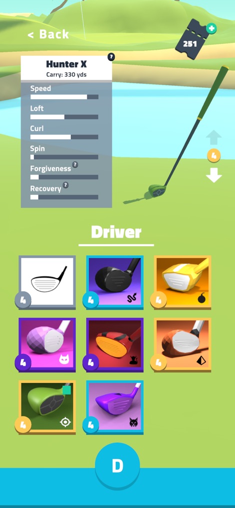 Golf Dreams - The app allows players to select and upgrade 'golf clubs' with detailed attributes like 'Speed' and 'Spin', enhancing strategic gameplay.