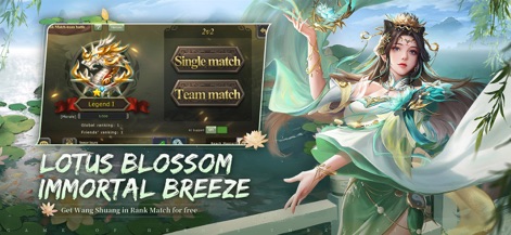 Game of Heroes: Three Kingdoms - Os jogadores podem explorar a interface de batalha em equipe, observando as opções de 'Single match' e 'Team match' e o impressionante emblema de classificação de dragão dourado.