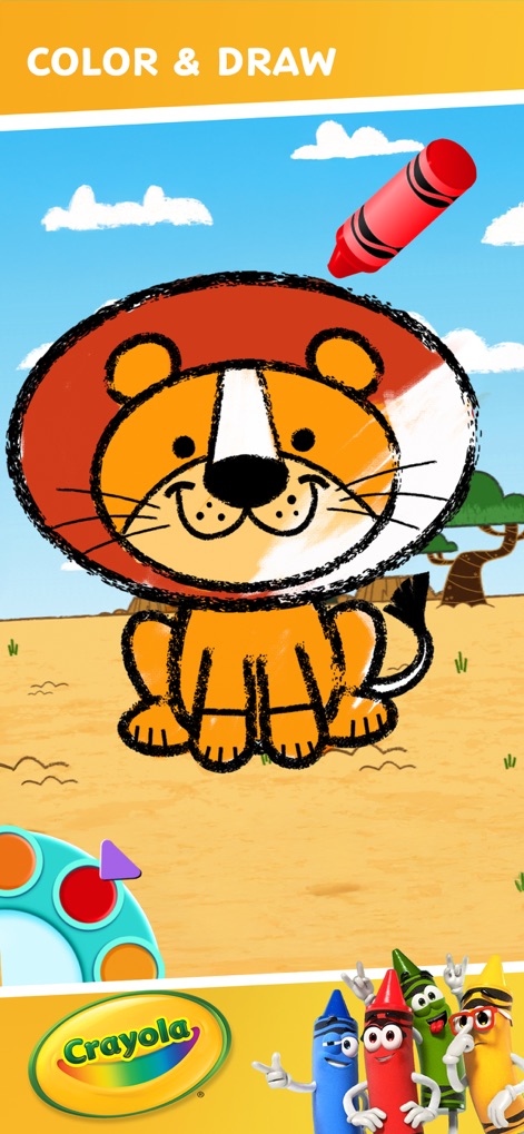 Budge World: Learning & Fun - The app provides engaging coloring activities, allowing children to fill in a lion's outline with a red crayon and explore their artistic side with Crayola-branded tools.