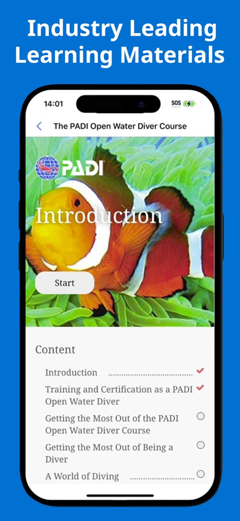 PADI - Se muestra la sección de introducción de un curso con una atractiva imagen de un pez payaso y una lista detallada de contenidos ('Content') que guían al usuario a través del material de estudio.