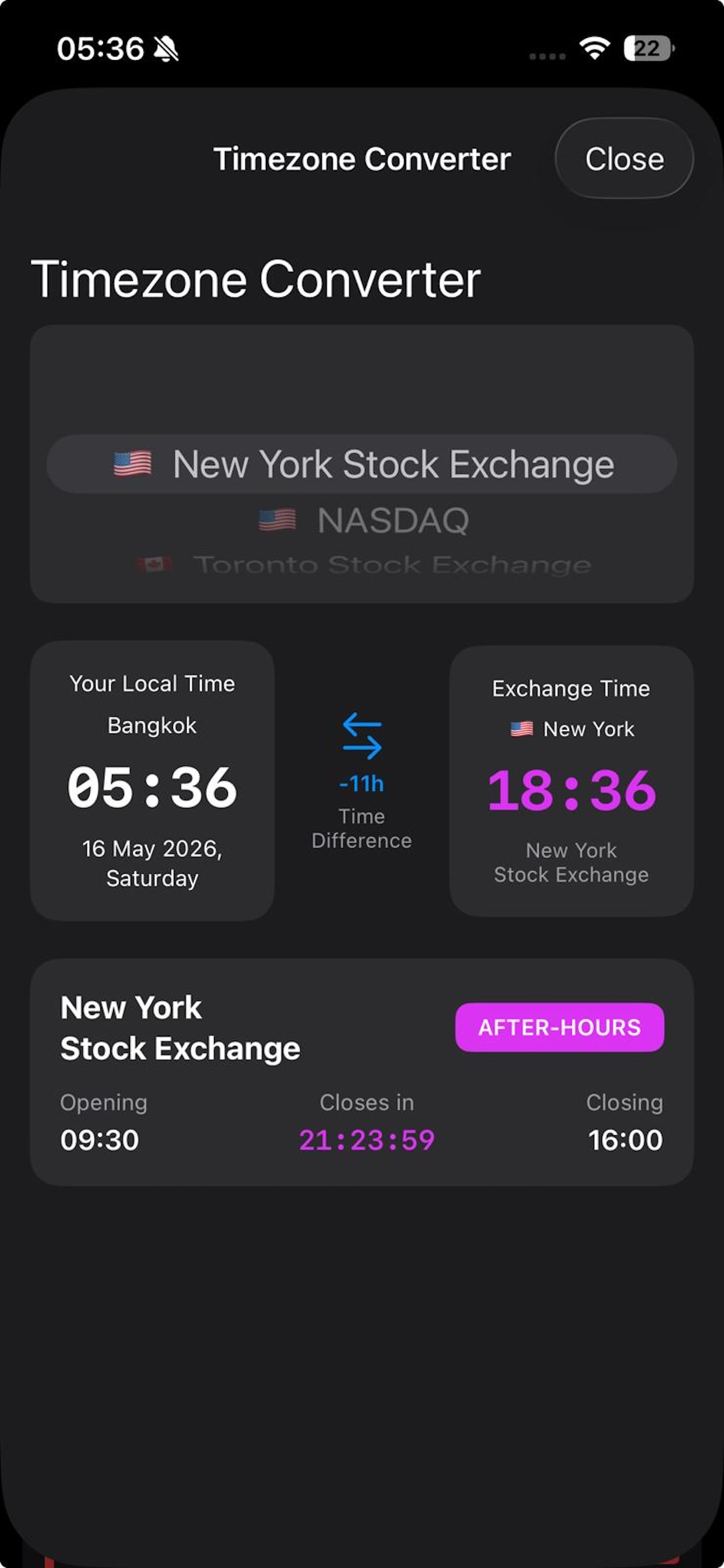 Stock Market Hours Tracker