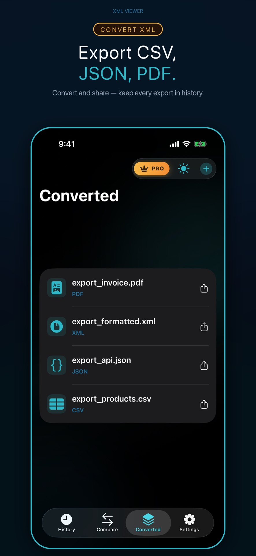 Export XML to CSV, JSON, or PDF on iPhone