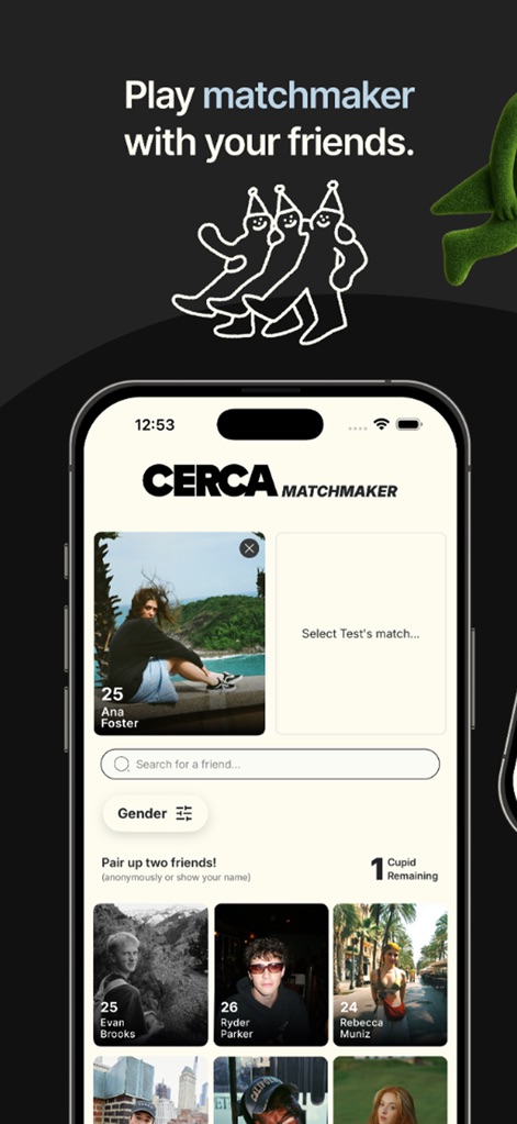 Cerca: Meet Your Mutuals - This unique 'Matchmaker' feature allows users to pair up profiles, like 'Ana Foster' with others, and keeps track of 'Cupid Remaining' attempts, turning matchmaking into an engaging social activity.