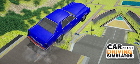 Car Crash Simulator 3D - Users can experience dynamic driving challenges, highlighted by the blue car launching from an elevated ramp and the clear display of the app's branding.