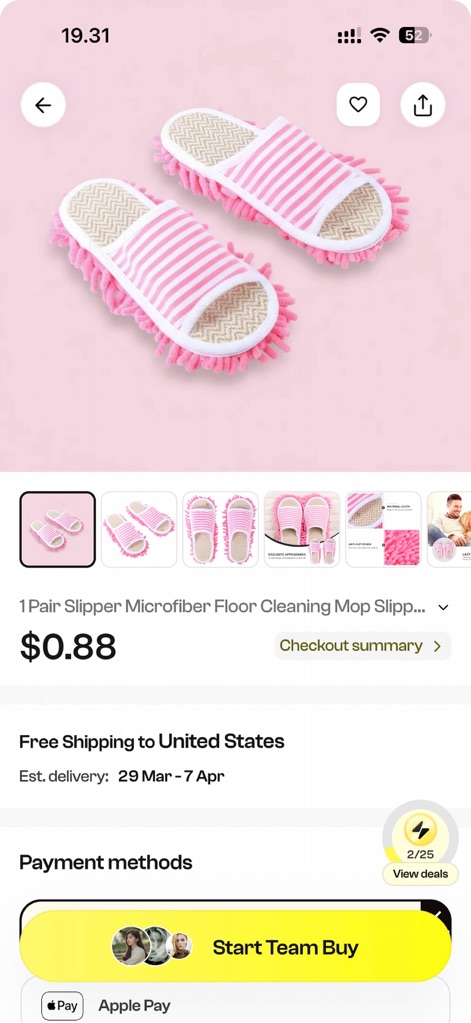 Blidz - Shop Deals, Save Money - La página de detalles de un producto específico, unas "zapatillas de fregona", destaca su bajo precio de $0.88 y la opción prominente de "Start Team Buy" para descuentos grupales.