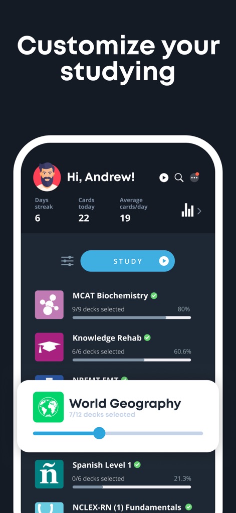 Brainscape - Study Flashcards - A tela de personalização exibe um perfil de usuário ("Hi, Andrew!") e uma lista de disciplinas, como "MCAT Biochemistry" e "World Geography", permitindo uma experiência de estudo adaptada.