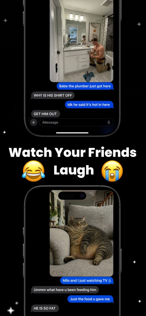 Menace: AI Photo Video Editor - Observe authentic friend reactions within messaging app screenshots, showcasing the humorous impact of AI-generated content like the 'plumber' and 'fat cat' pranks.