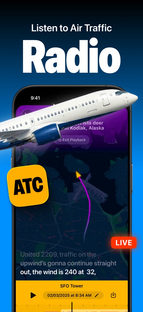 ATC - Live Air Traffic Radio - このアプリは、航空機のリアルタイムな飛行経路をマップ上で表示し、同時に管制官とパイロット間の交信のリアルタイムトランスクリプションを提供します。