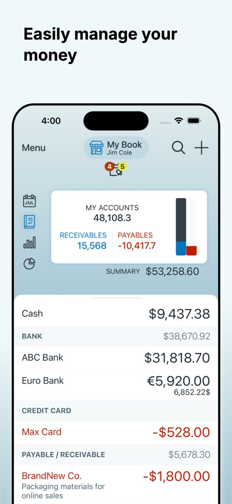 Account Book - Money Manager - The app provides a clear overview of financial health, showcasing comprehensive account summaries and individual account balances across various types.