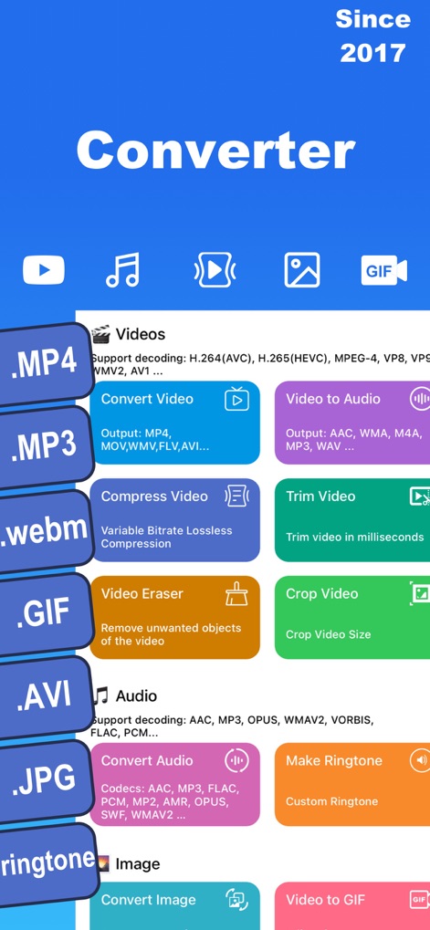 Media Converter - video to mp3 - La aplicación presenta una interfaz de conversión integral que destaca opciones para video, audio, imagen y GIF, acompañada de una clara visualización de formatos de archivo populares.