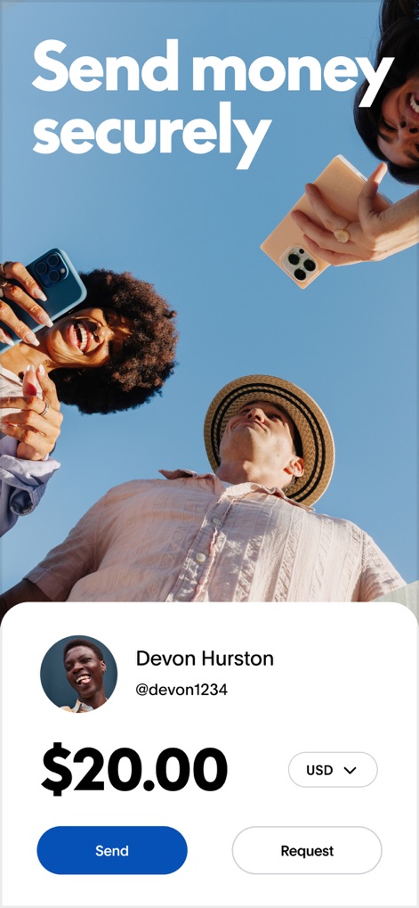 PayPal - Pay, Send, Save - Observe the clear interface for sending money securely to contacts like 'Devon Hurston' and the intuitive 'Send' and 'Request' action buttons.