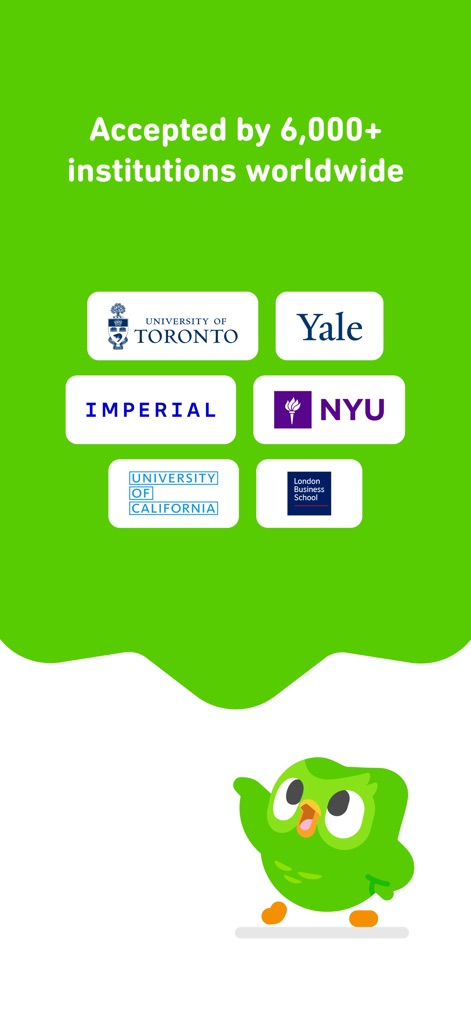 DET - Duolingo English Test - La prueba cuenta con amplia aceptación, como demuestran los logotipos de prestigiosas instituciones como Yale y NYU, y la presencia del búho de Duolingo al pie de la pantalla refuerza la marca.