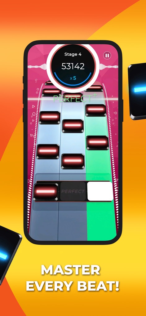 SuperStar: Music Game - ユーザーは流れてくるタイルを正確にタップし、「Perfect+」表示で完璧なタイミングを追求する高得点プレイに挑戦できます。