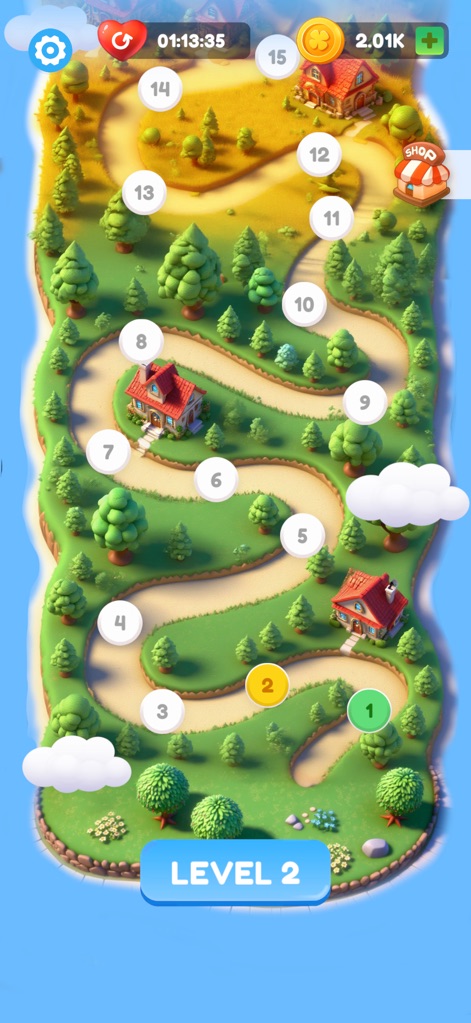 Tile Triple Match: 3D puzzle - Esta vista general del juego ilustra un camino de progreso sinuoso que atraviesa un mundo vibrante, caracterizado por sus paisajes dominados por tonos verdes y amarillos, y los números de nivel que marcan el avance del jugador.