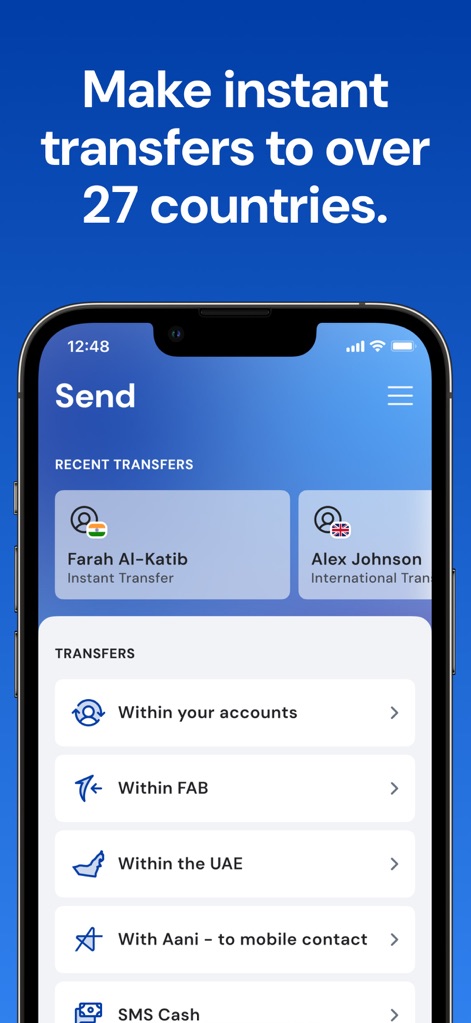 FAB Mobile Banking - 送金画面では、ユーザーは最近の送金履歴「Farah Al-Katib」を確認し、「Within your accounts」や「Within FAB」といった複数の送金方法を選択できます。