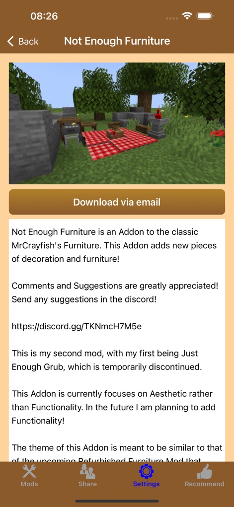 MC - Latest Furniture DLC Mods - Esta captura destaca a funcionalidade do mod "Not Enough Furniture", exibindo uma encantadora área de piquenique com uma toalha xadrez e diversos móveis de exterior no cenário do jogo.