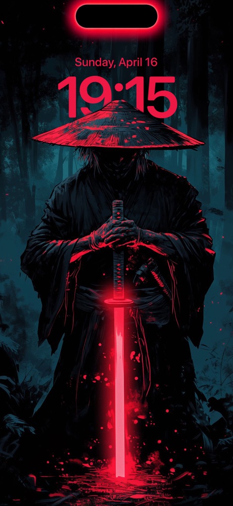 Wallcraft – Wallpapers, live - Users can customize their lock screen with dramatic wallpapers, such as this samurai warrior with a glowing red sword, complemented by matching red time text.