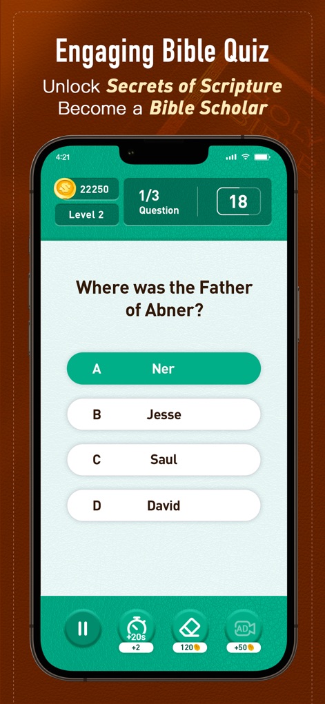 Holy Bible, KJV Bible + Audio - Esta herramienta gamifica el estudio de las escrituras con un formato de preguntas de opción múltiple, donde las "monedas" y "niveles" incentivan el aprendizaje continuo y la retención del conocimiento.