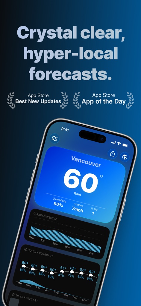 Mercury Weather - See the app's hyper-local precision with the detailed "Rain Expected" forecast and the comprehensive hourly temperature display.