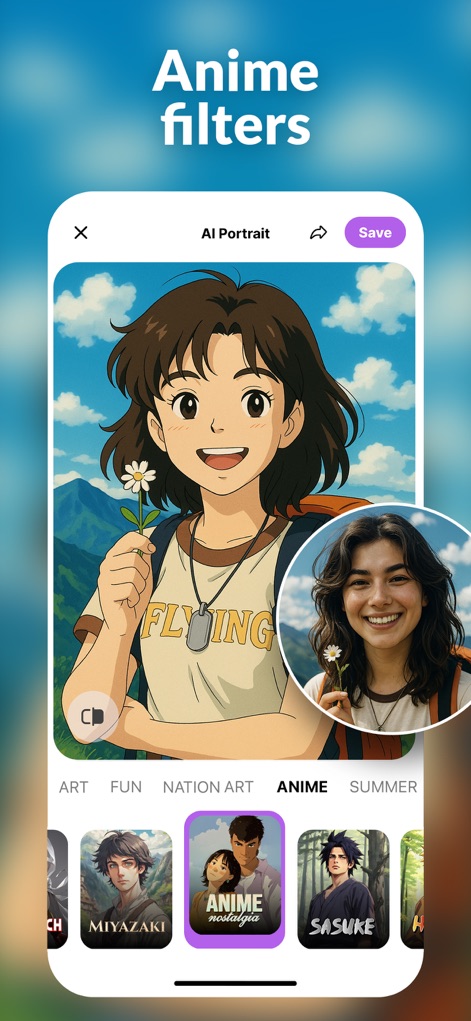 AI Video Photo・DreamPix Editor - Los usuarios pueden aplicar 'filtros anime' a sus retratos, convirtiendo fotos reales en personajes con un estilo artístico distintivo, como el de 'Anime nostalgia' o 'Miyazaki'.