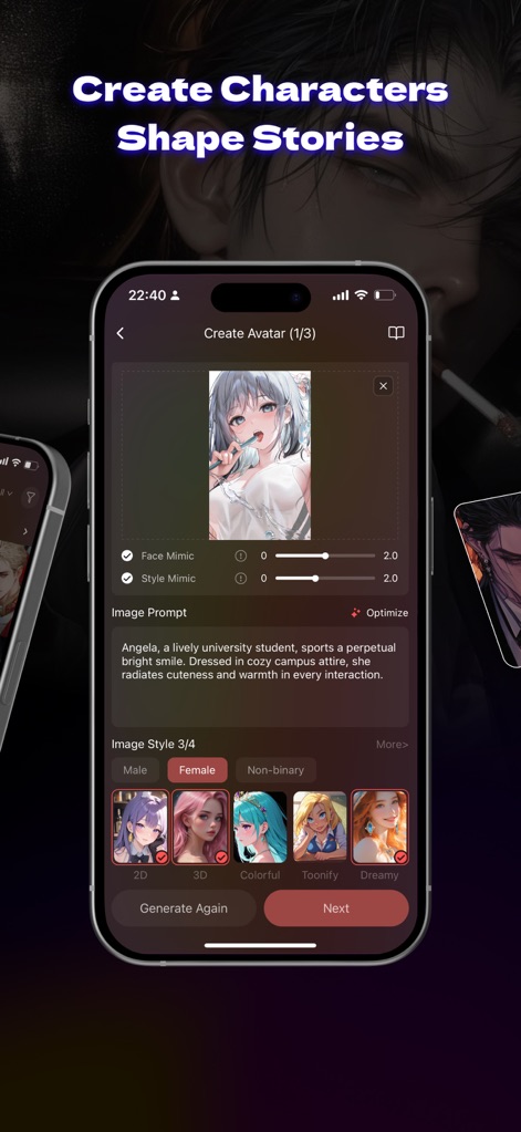 Tipsy Chat: Live Your Story - Design personalized AI characters using the intuitive avatar creation interface and select from diverse image styles like 'Toonify' or 'Dreamy'.