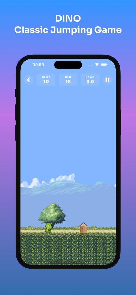 Game Box - Games for Watch - 사용자는 픽셀 그래픽의 디노 게임에서 공룡 캐릭터를 조작하여 장애물을 피하고 스코어를 높이는 즐거움을 느낍니다.