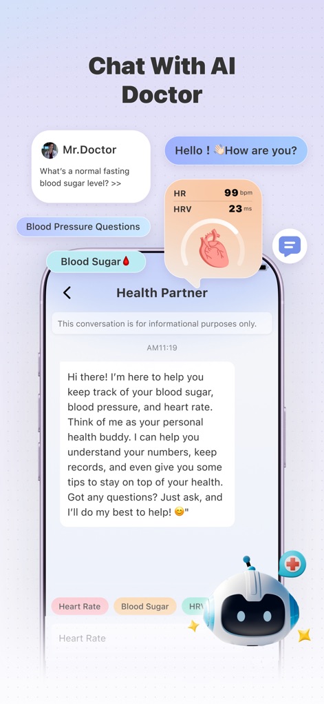 Health Partner: Pulse & Sugar - Users can interact with the in-app "Health Partner" AI for personalized advice, seeing a chat interface with questions and real-time health metrics like "HR 99 bpm HRV 23 ms".
