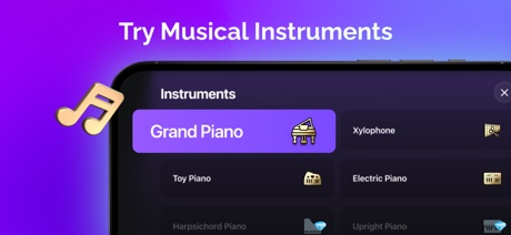 Piano ٞ App Store screenshot 5, headline “Try Musical Instruments”. Phone cut off at the head.