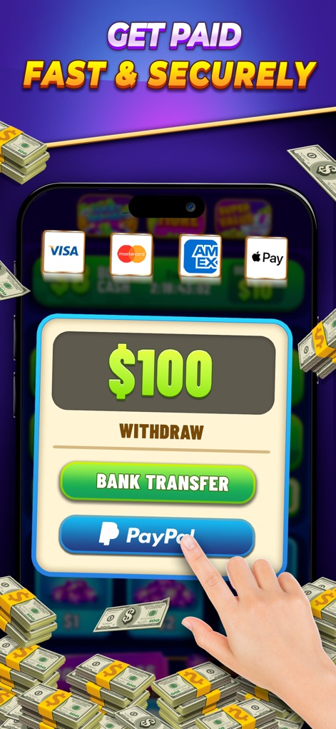 Backspin Games: Win Real Money - This feature illustrates the app's secure and swift withdrawal options, highlighting quick access to earnings via "PayPal" and direct "Bank Transfer".