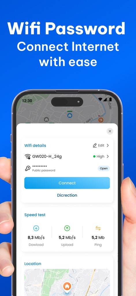 WiFinder: Wifi Location Map - The app presents a comprehensive 'Wifi details' pop-up, providing immediate access to public passwords and direct 'Connect' and 'Direction' options.