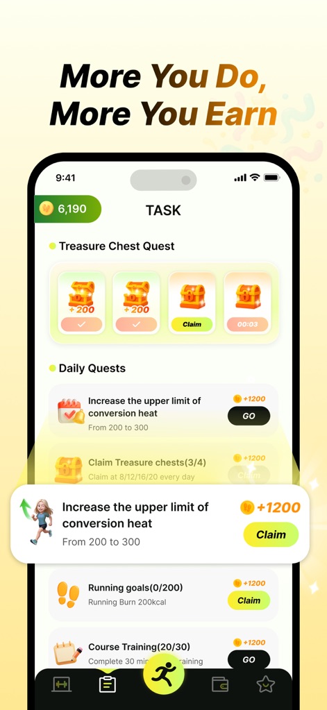 MarkRun - This view details the comprehensive task system, where users can claim rewards from Treasure Chest Quests and complete a variety of daily tasks for ongoing incentives.