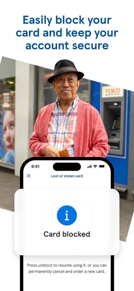 Tesco Bank and Clubcard Pay+ - La aplicación permite a los usuarios asegurar sus activos rápidamente, mostrando una confirmación de 'Card blocked' y opciones para la gestión de tarjetas perdidas o robadas.