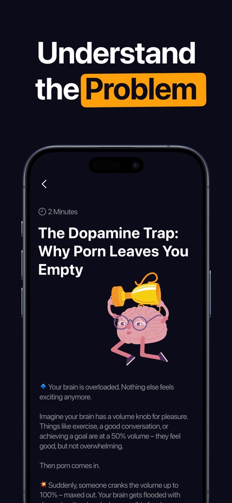 CURE: Quit Porn Addiction - Dieser Bildschirm bietet informative Artikel wie "The Dopamine Trap", illustriert durch eine Hirn-Grafik mit Trophäe, um Nutzern die wissenschaftlichen Hintergründe ihrer Sucht zu erklären.