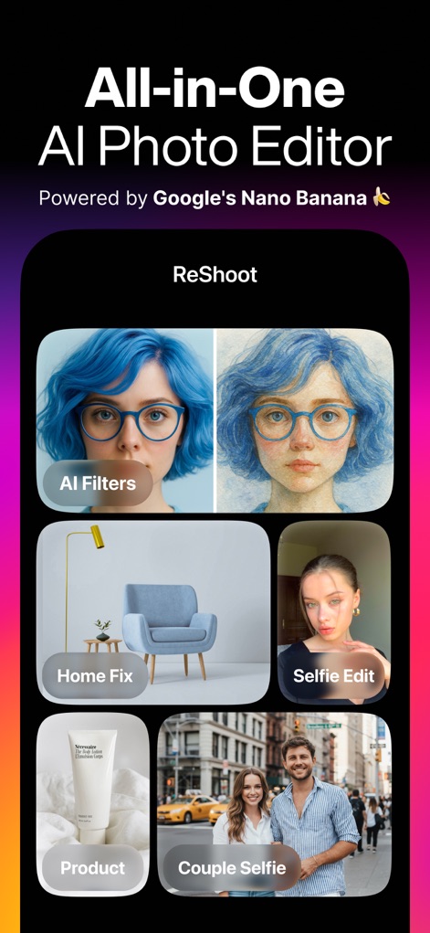 ReShoot: AI Photos & Edits - La aplicación presenta un panel de inicio con opciones destacadas como "AI Filters" y "Home Fix", mostrando la amplitud de sus herramientas creativas para transformar imágenes.