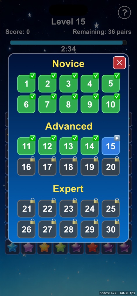 Star Twinkle: Pop & Dream - Los usuarios pueden elegir su desafío desde una pantalla de selección que organiza los niveles en una progresión de dificultad escalonada, utilizando iconos de candado y verificación para indicar los niveles completados y los disponibles, respectivamente.