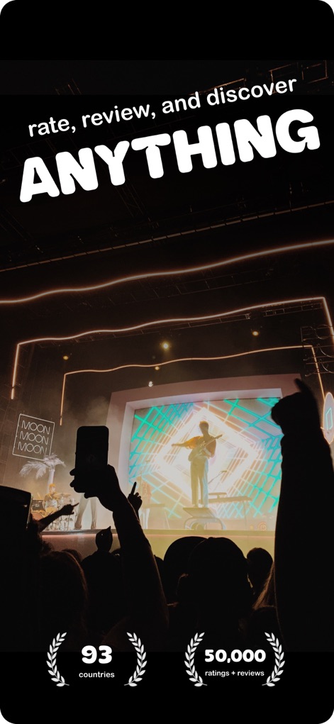 Podiums: Rate, Rank & Discover - The app allows users to rate and review a vast array of content, connecting a global community across '93 countries' and showcasing over '50,000+ ratings + reviews'.