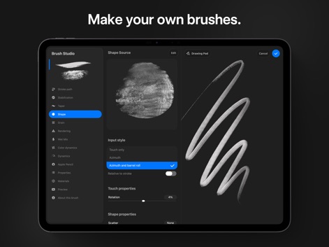 Procreate - La configuración del 'Brush Studio' permite personalizar un pincel, mostrando opciones como 'Shape Source' y 'Input style', para ajustar la textura y respuesta del trazo.