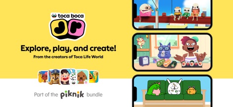 Toca Boca Jr - This overview highlights the breadth of experiences available, showcasing gameplay snippets from various included apps such as the Toca Boca Kitchen 2 cooking scene and the cozy pet care environment.