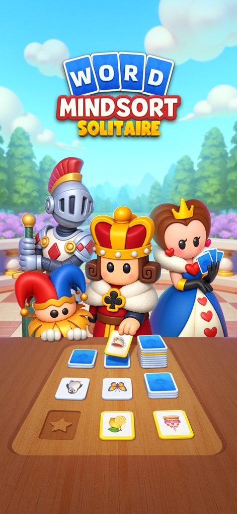 Word MindSort: Solitaire - The app's title screen features charming character art and stylized card designs, immediately setting an inviting tone for players.