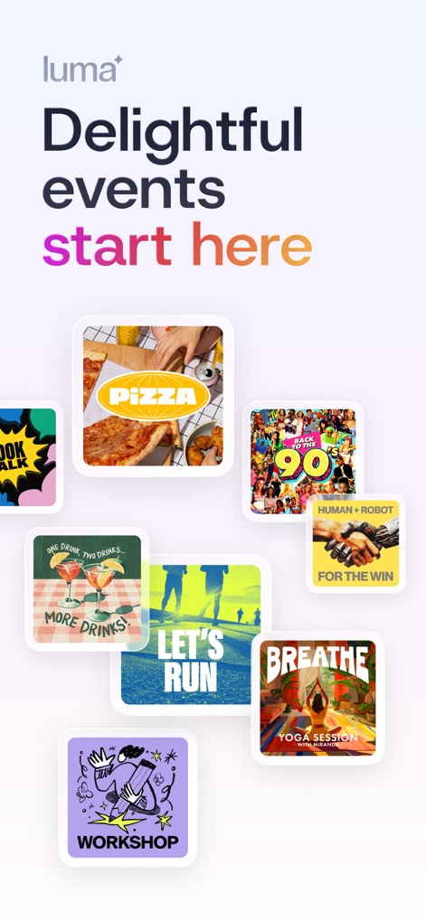 Luma: Events & Invites - The app showcases a vibrant array of event cards and a clear "Delightful events start here" tagline, indicating a broad and engaging selection.