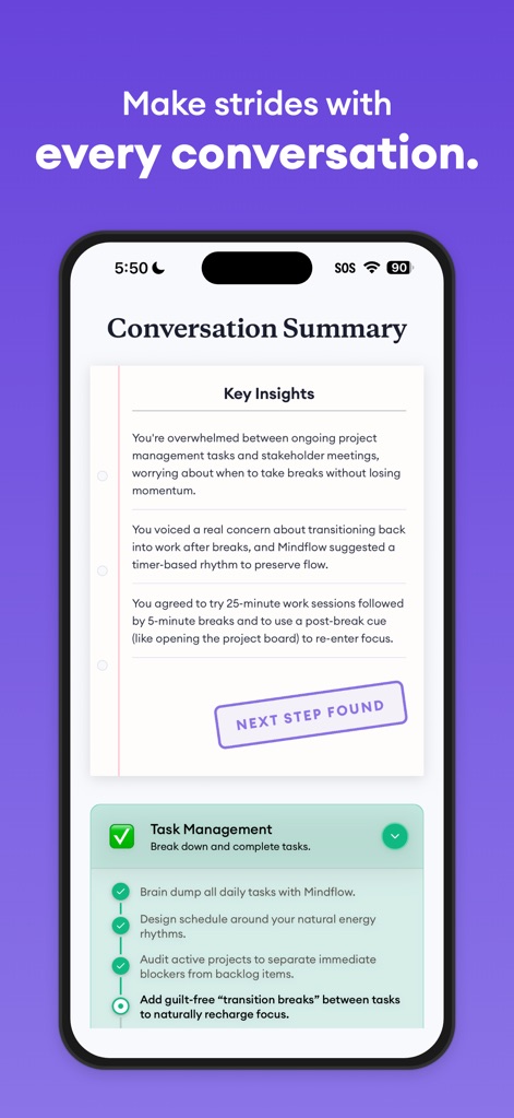 Mindflow AI: Overcome ADHD - Gli utenti ricevono un "Conversation Summary" dettagliato che offre "Key Insights", come la strategia del "timer-based rhythm" per le pause, e indica un "NEXT STEP FOUND" per l'implementazione immediata.