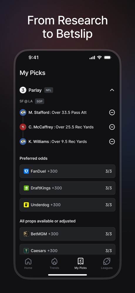 Linemate: Find Your Next Bet App Store screenshot 6, headline “From Research to Betslip”. Headline too small to read.